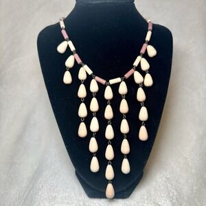 Jewelmint Pink Cream Mauve Beaded Statement Bib Fringe Necklace Boho